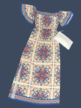 Flying tomato Boho Tile-Print Maxi Dress in Cream with Blue & Coral Size M